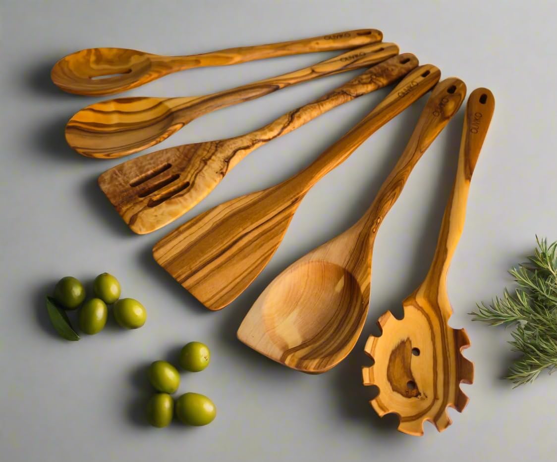 100% Olive Wood Handmade 6 Spoon Set - Wooden Kitchen Utensils