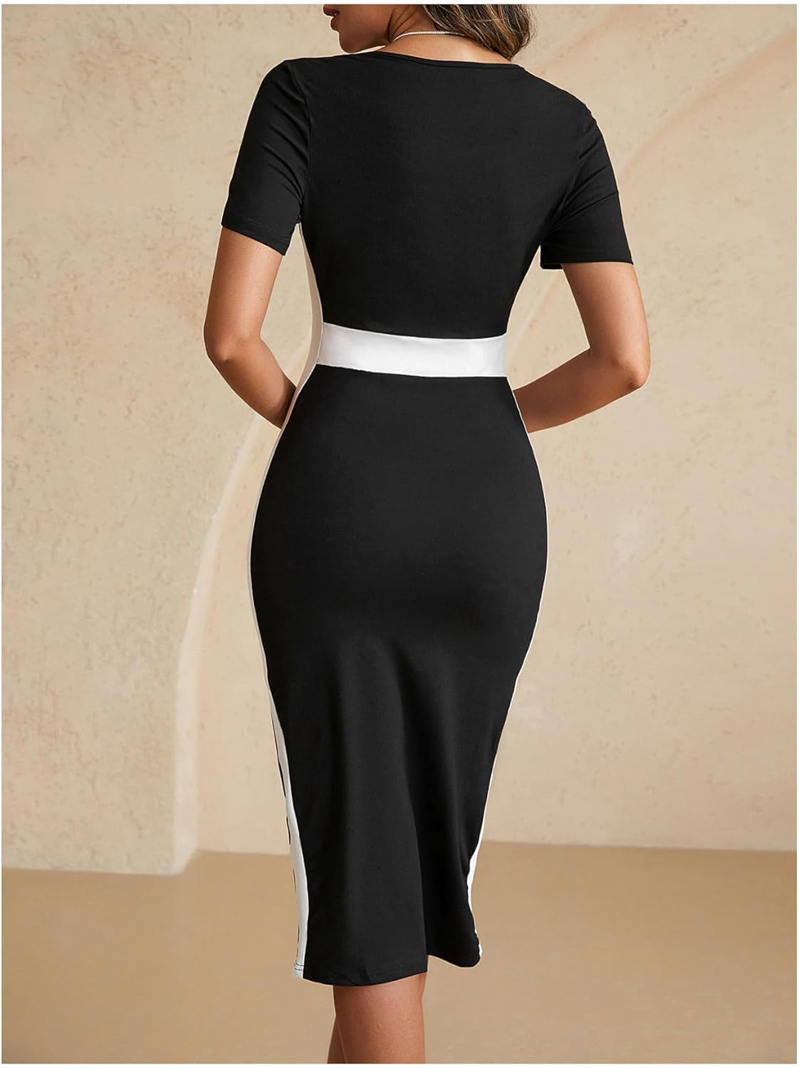 winkbay Women's Color Block Square Neck Dress Elegant Short Sleeve Bodycon Midi Dresses - Image 2