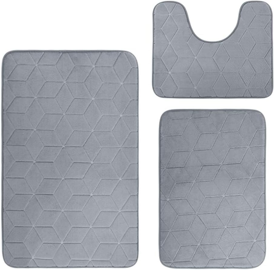 Navegando Bath Mat Rug 3 Piece Set, Large, Small and Contour Bathroom Rug Set, Ultra Soft Non-Slip Memory Foam Bathroom Bath Rugs, Grey