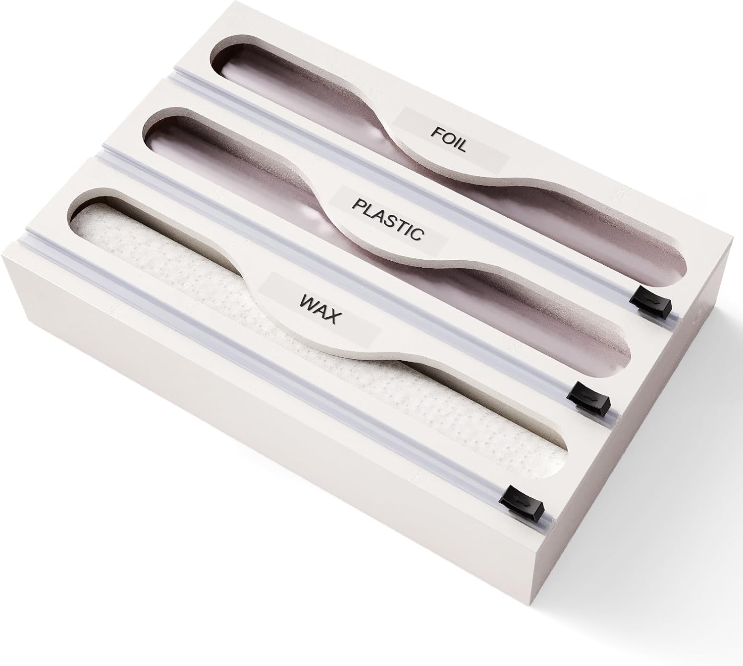 Wrap Dispenser with Cutter and Labels, Plastic Wrap Organizer For Kitchen,Bamboo 3-in-1 Wrap Dispensers for Cling Wrap Aluminum Foil and Wax,Storage Organization Holder?White? 13.1in White