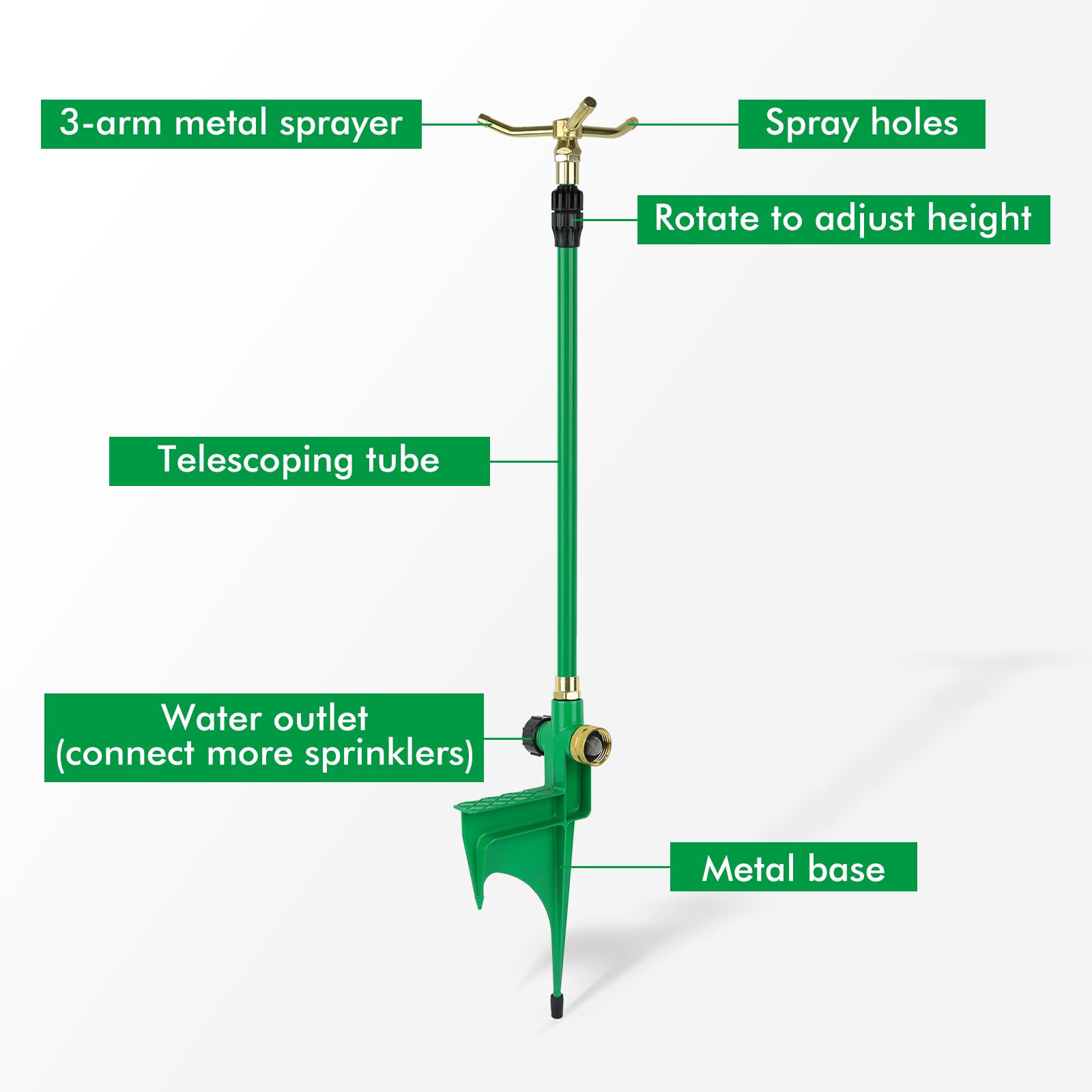 RESTMO Aspersor de 3 brazos con base telescópica ajustable, aspersor de césped de gran altura de rotación de 360 grados para cobertura de áreas grandes, sistema de riego de jardinería, sistema de