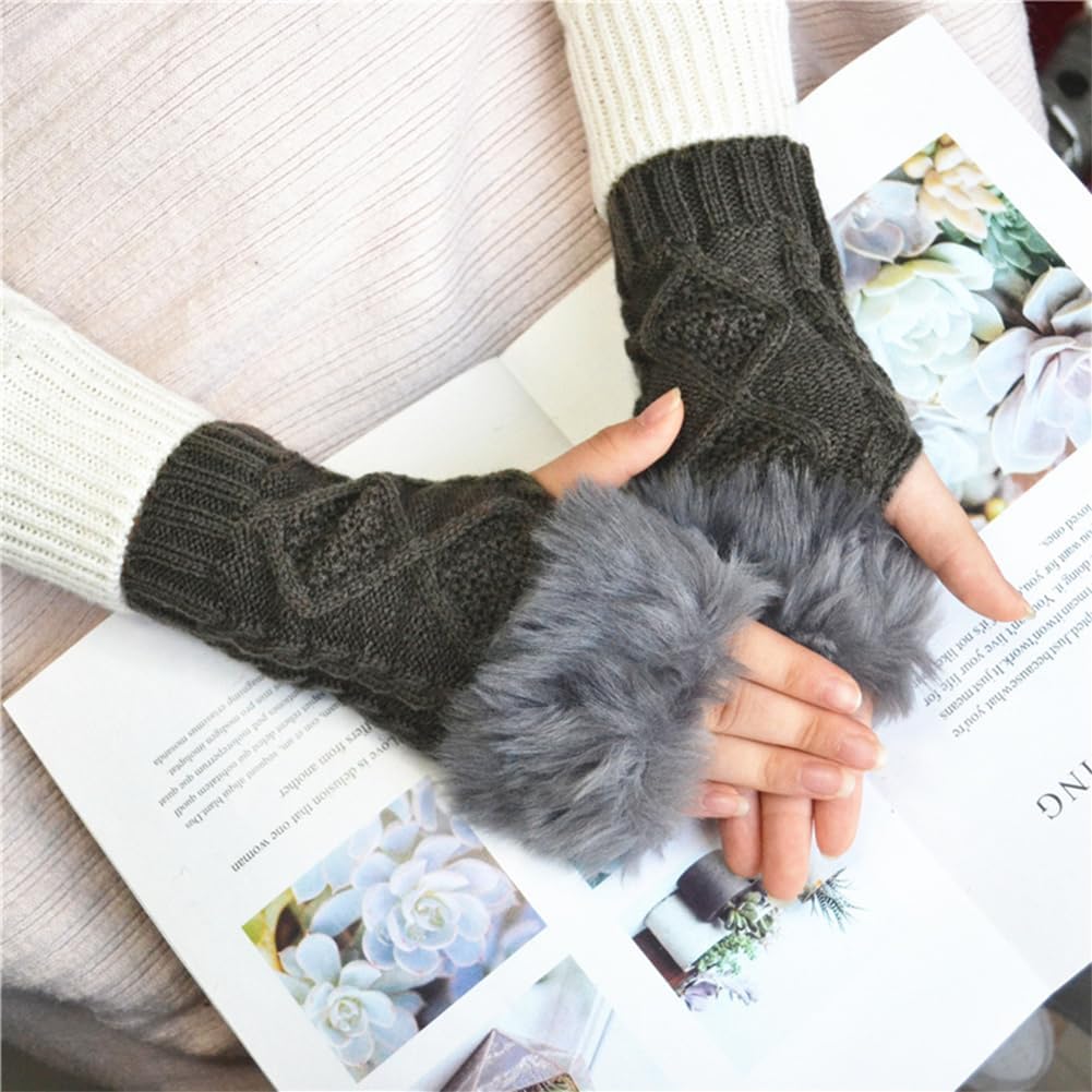 2 Pairs Dark Grey Fingerless Gloves Cable Knit Arm Warmers Bulk Winter Soft Thumb Hole Gloves with Faux Fur Knitted Hand Wrist Warmer Mittens for Women Unisex Typing Driving Supplies