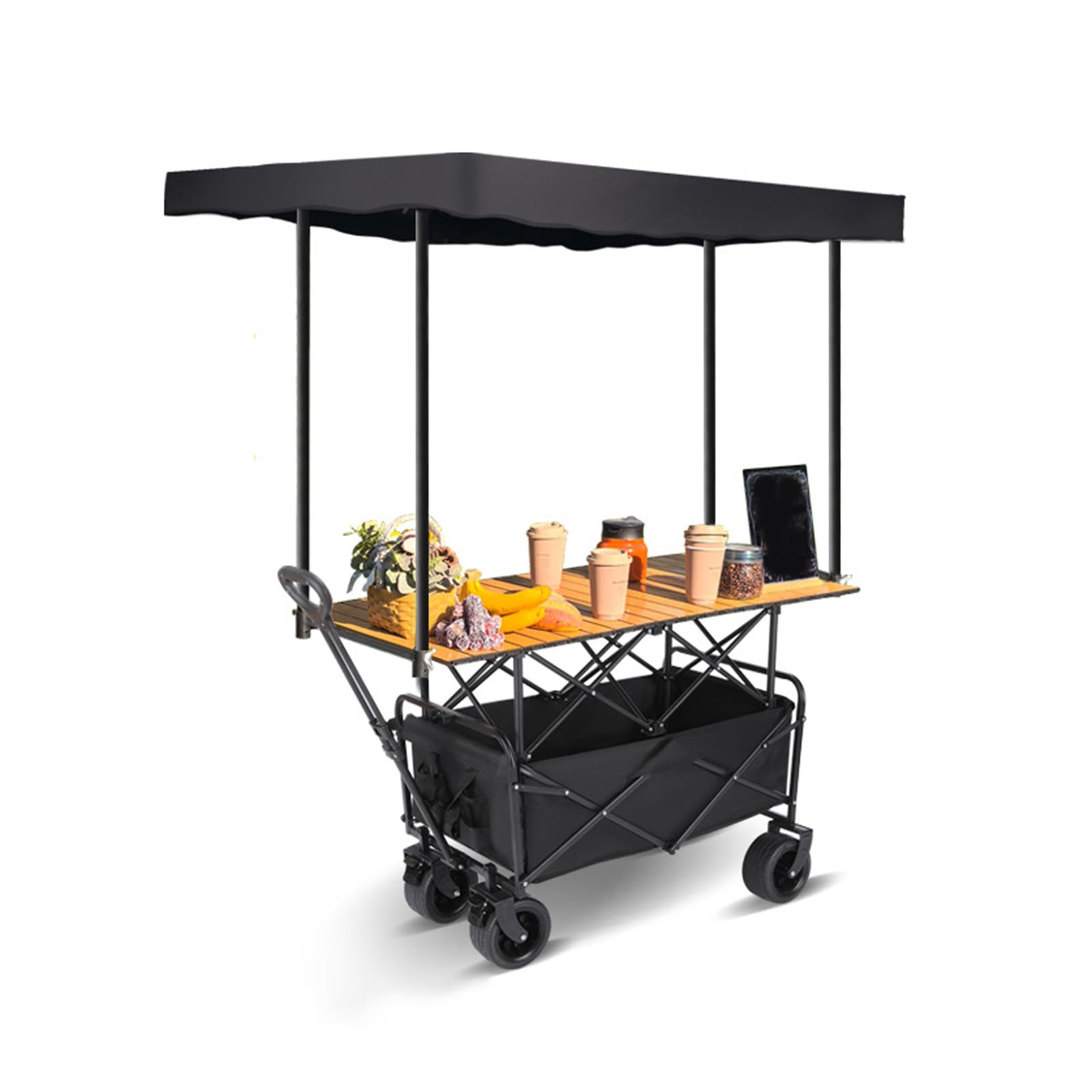 Outdoor Vendor Cart with Wheels & Awning Portable Food Display Stand Foldable Vending Stand Kiosk Display Trolley for Market Street Food & Events