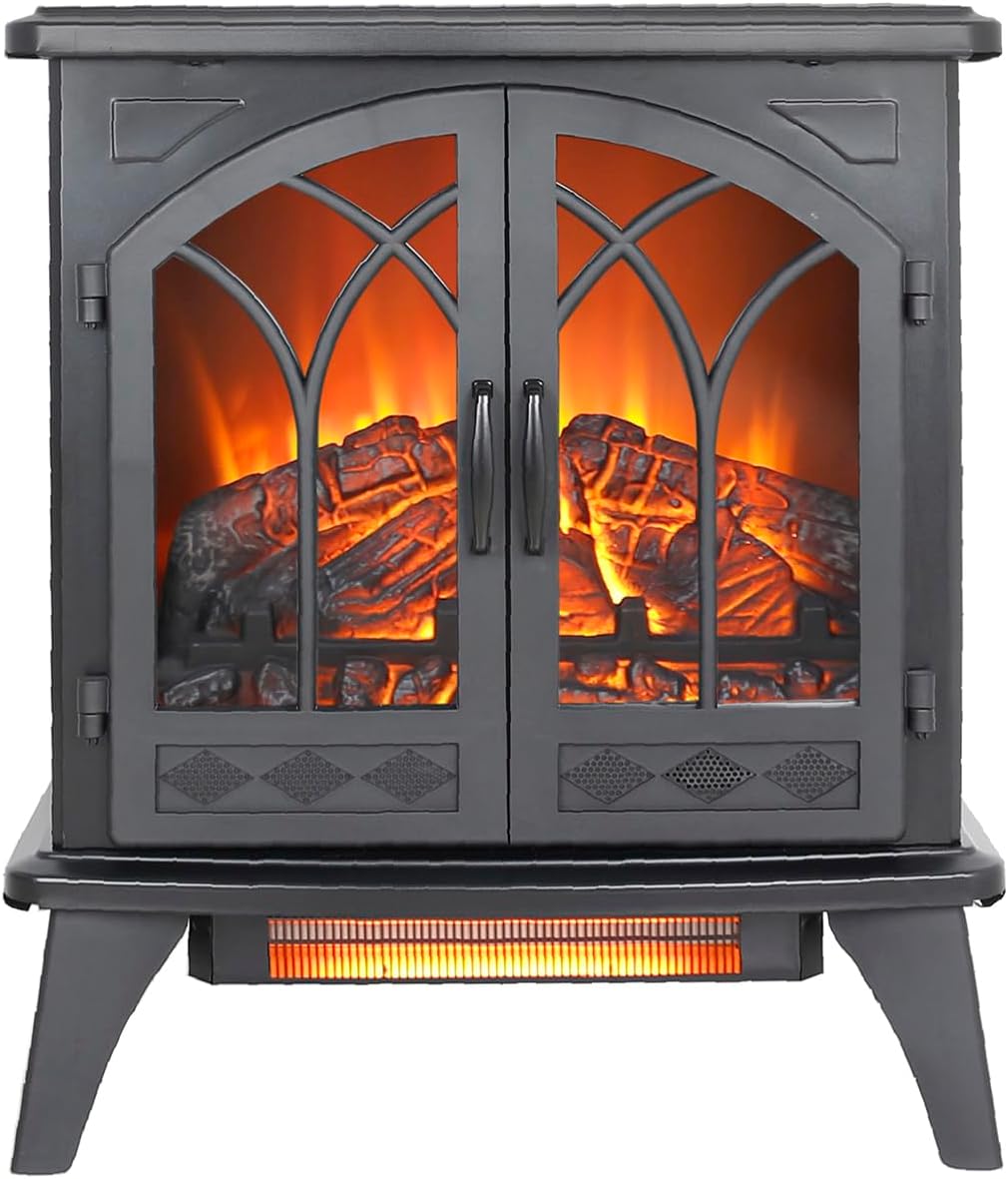 24-Inch Freestanding Electric Fireplace Stove | Black Infrared Heater with Realistic Flame