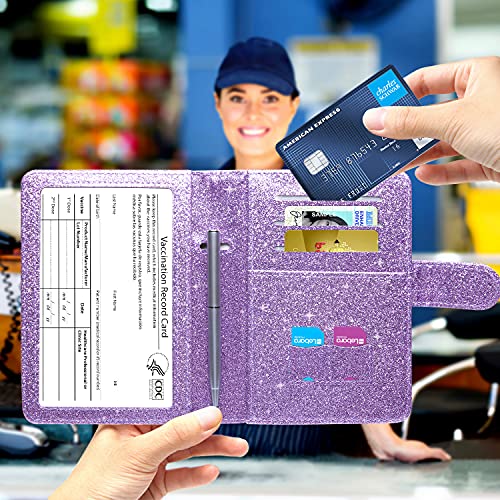 Mcmolis Passport And Vaccine Card Holder Combo,Rfid Blocking Leather Cover Case Travel Documents Organizer Protector With Cdc Vaccination Card Slot And Magnetic Buckle-Glitter Purple #TOP5