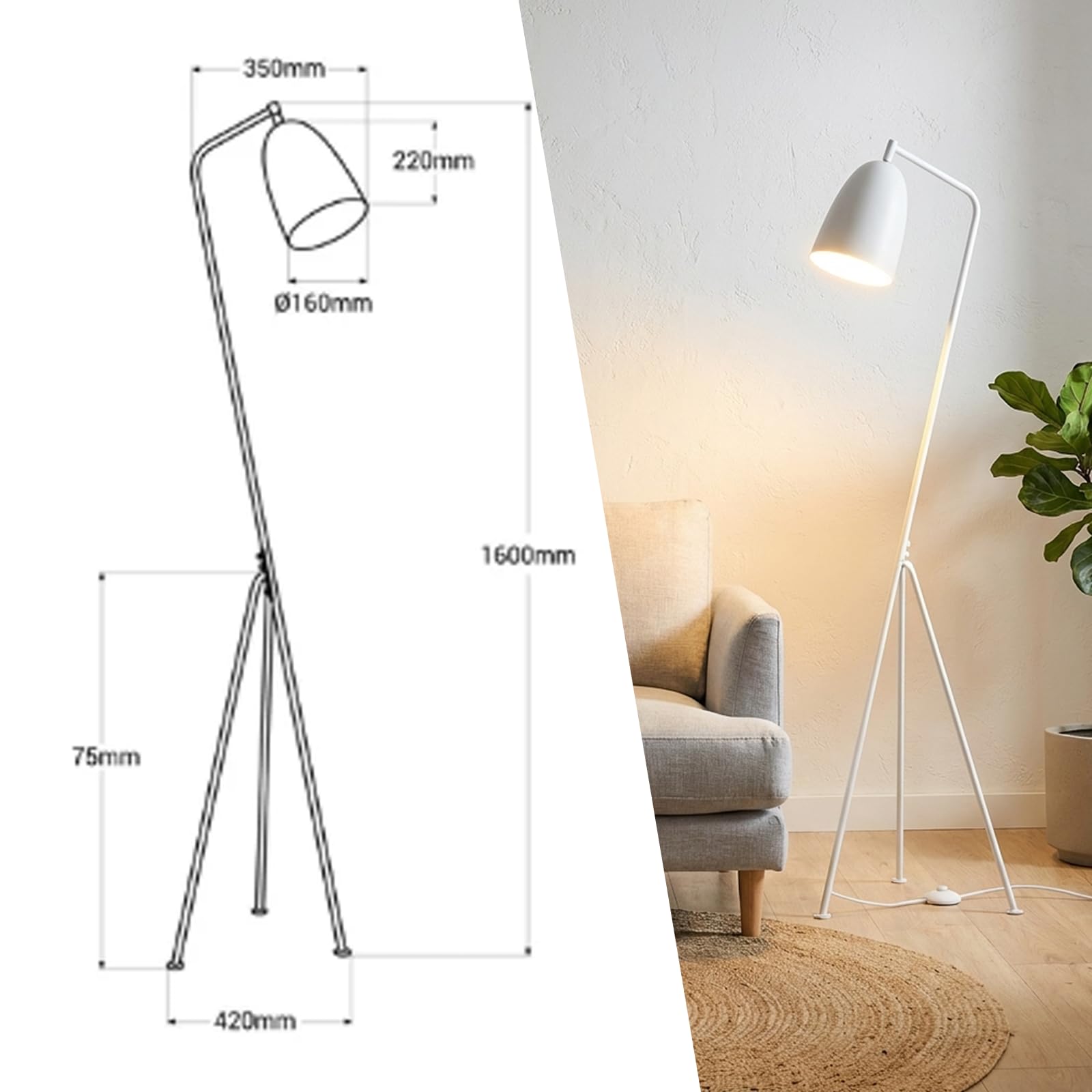 BARCELONA LED Lampa Podłogowa Shoppen Biała 160 cm, Lampa Trójnóg Vintage Mid Century, Regulowany Klosz E27, Styl Skandynawski Industrial Retro do Salonu Sypialni Biura