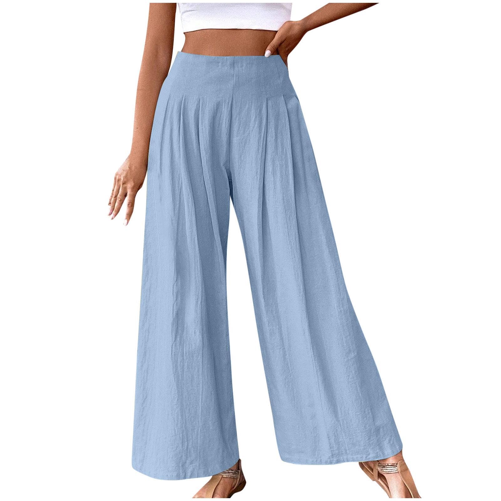 Pantalon Femme été En Lin Et Coton - Coupe Fluide Large, Taille Haute élastique, 7/8, Poches - Décontracté, Plage, Vacances