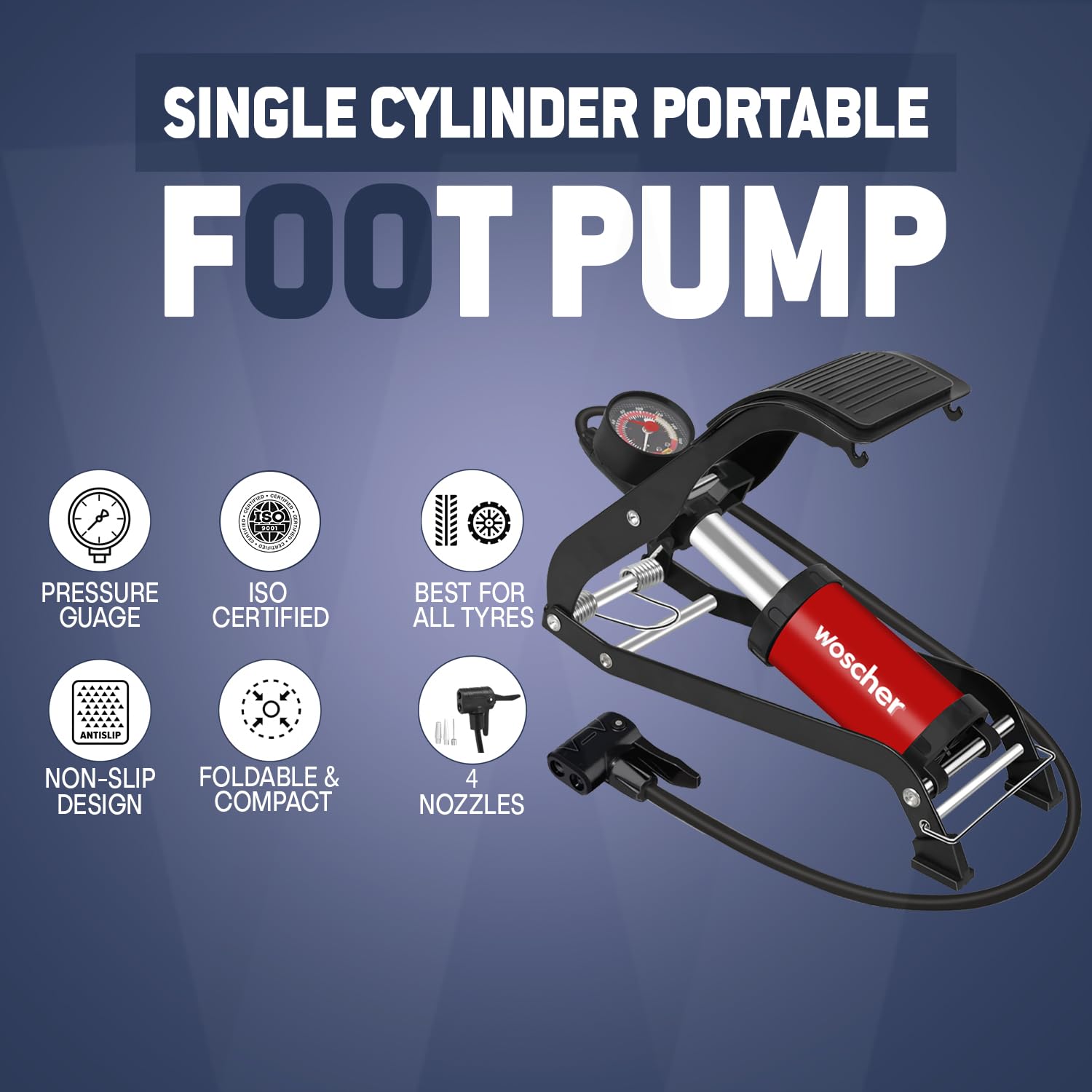 Woscher StepAir Single Cylinder Foot Tyre Inflator for Car and Bike, Air Pump for Car Tyre, 120 PSI Foot Car Tyre Inflator Pump with Pressure Gauge | Cycle Pump for Bicycle | Tyre Inflator Kit 3