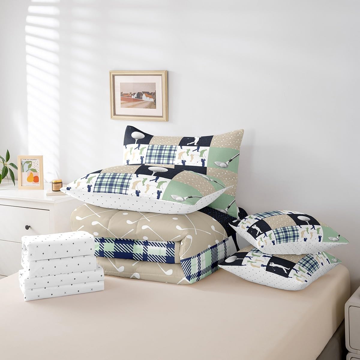 Castle Fairy Golf Plaid Kids Comforter Set 7 Piece Twin Size,Ball Sports Lover Style Checkered Reversible Quilt Set,Green Buffalo Grid Geometric Bedding Set with Comforter,Sheet,Pillowcase