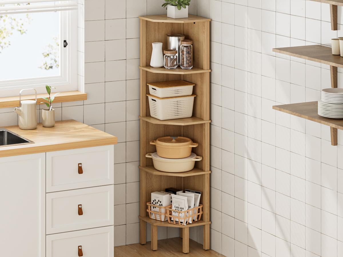 Estantería esquinera con 5 niveles, estantería para plantas, estantería de almacenamiento para salón, oficina, dormitorio, 127 x 29 x 29 cm, madera de roble