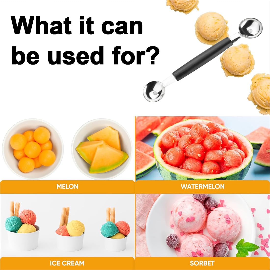 Cuchara Helado Bola De Acero Inoxidable Pulido, Cuchara Helado Profesional para melón, sandía y otras frutas,Cucharas para Helado con asa