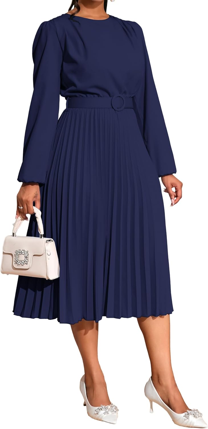 Elainone Women Pleated Midi Dress Long Sleeve Party Wedding Guest Pleated Dress Semi Formal Business Casual Dresses - Image 2