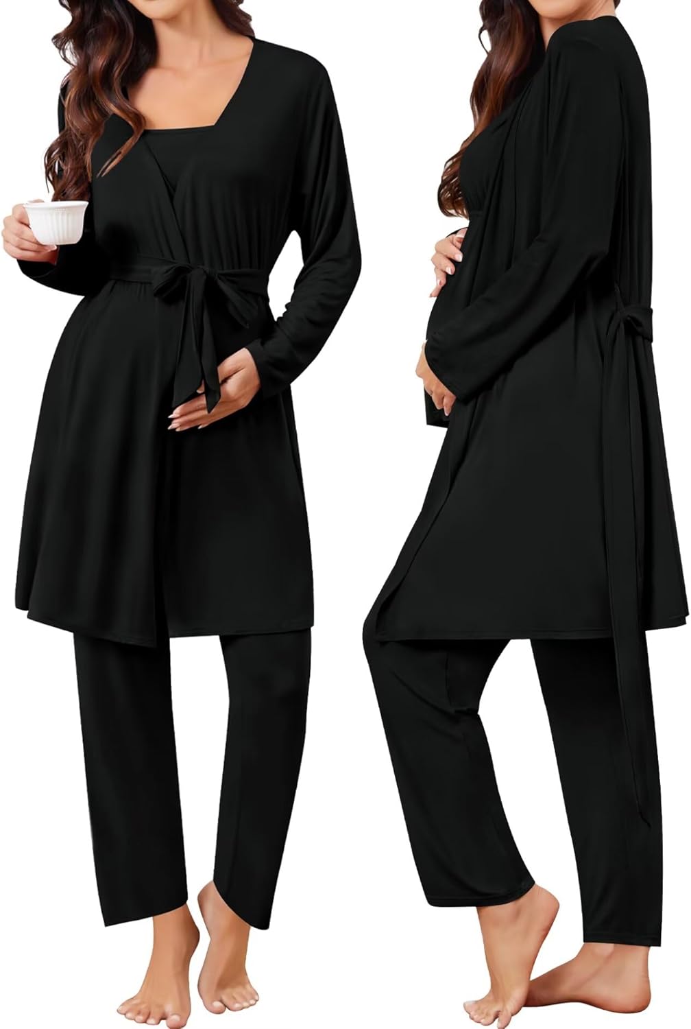 SWOMOG Women Maternity Nursing Pajamas Sets 3 Piece Breastfeeding Robe 3 in 1 Labor Delivery Sleeveless Pregnancy Pjs & Pants - Image 6