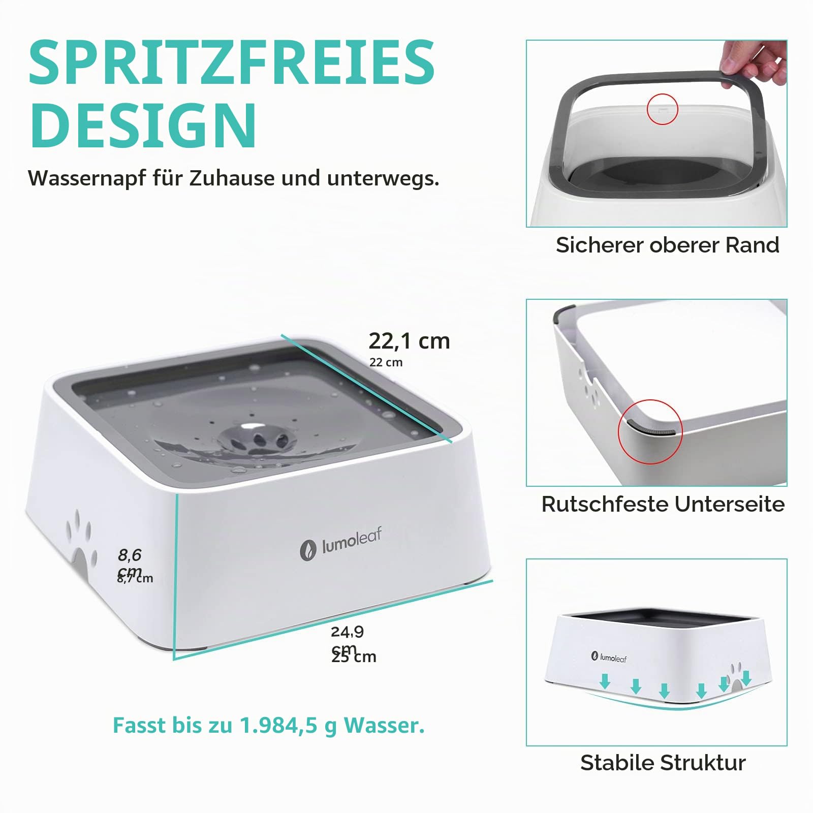 LumoLeaf Wassernapf für Hunde, 2L, Anti-Schwapp Fressnapf Hund Unterwegs mit Kohlefilter, Hundenapf Reise Trinknapf Wasserspender