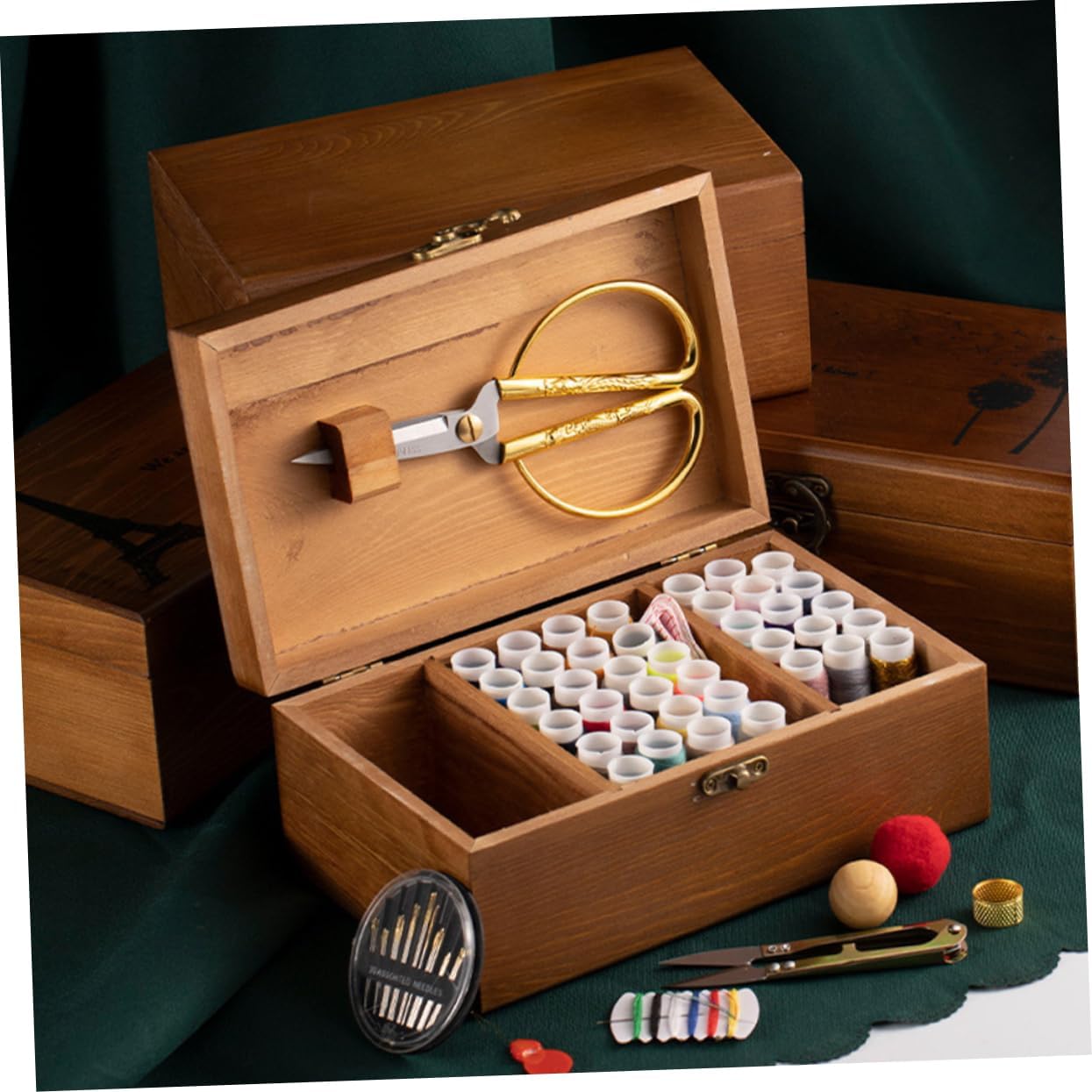 Wooden Sewing Pin Holder for Mothers Portable Brown Storage Box image 2