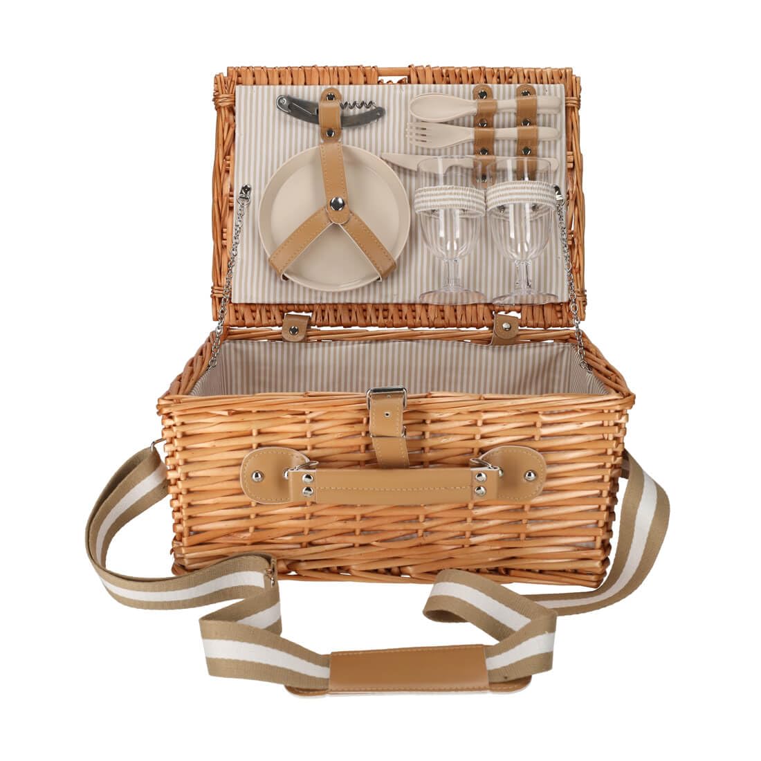 Kit de pique-nique pour 2 personnes | Panier en osier naturel de qualité supérieure avec sac isotherme intégré, couverts en acier inoxydable et vaisselle | Idéal pour le parc et la plage