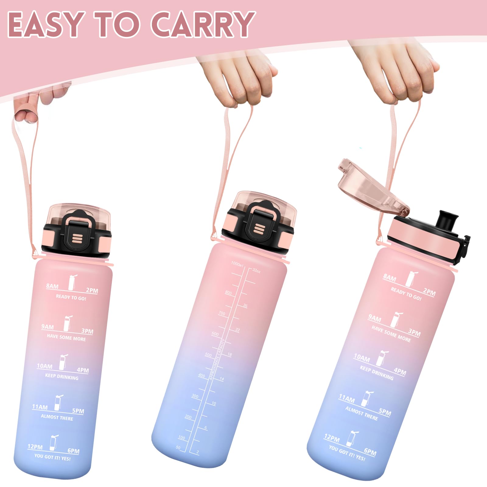 Motswedi Borraccia 1 litro,Riutilizzabile, Borraccia Motivazionale, a Prova di Perdite, Bottiglia Acqua, Senza BPA, Borracce, per Sport, Ufficio, Ciclismo, Palestra, Rosa&Blu cielo