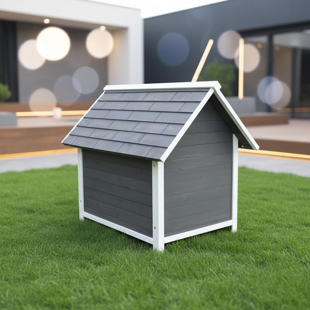 Melko Hundehütte Hundehaus XXL Holz wetterfest 75x115x95 cm Grau Weiß | Blockhaus-Design mit Dachüberstand, erhöhte Standfüße gegen Feuchtigkeit, Eingang 34x44 cm, für mittelgroße Hunde, lasiert