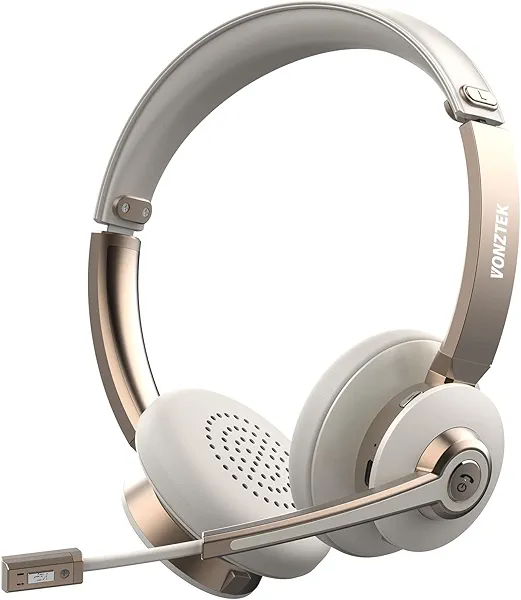 Vonztek Bluetooth Headset with Microphone, Wireless Headphones with Noise Cancelling Mic, 26hrs talktime, On Ear Headphones with Mic Mute for Mac/Laptop/Zoom/Teams/Call Center/Office/Home Gold