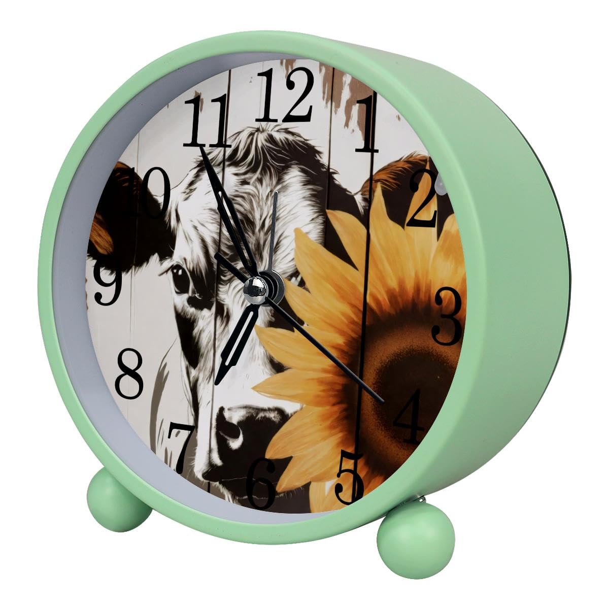Luoweisi Alarm Clock Farm Cow Sunflower on Rustic Plank, Silent Non-Ticking with Night Light
