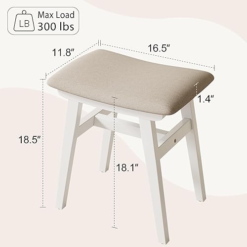 Miniatura 2 de Taburete de tocador de madera maciza, silla de maquillaje compacta con cojín de sillín, asiento de esponja de alto rebote cubierto de lino, taburete