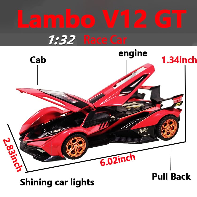 Image of Toy Cars Lambo V12 Sports Car Toy with Light and Sound Diecast Metal Model Collect car Toys for 3+ Year Old Boys Pull Back Race Car Gift Toys for Kids Ages 3+ (red)