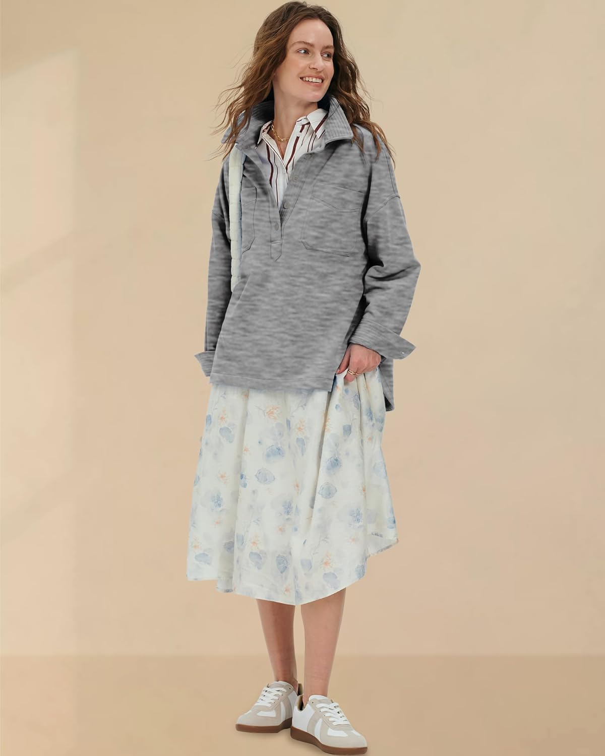 Locachy Women's Casual Oversized Polo Neck Sweatshirt Lapel Long Sleeve Button Pullover Tops Fashion Outfits Clothes Dark Mixed Grey M - Image 7