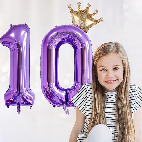 Miniatura 3 de Globo morado del número 10 de 32 pulgadas, globos de aluminio jumbo con corona desmontable para decoración de fiesta de cumpleaños 38, 10