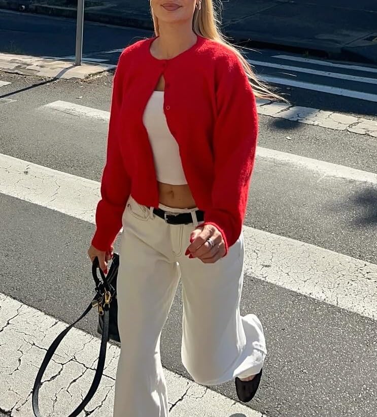 NUFIWI Women Y2k Knit Crop Cardigan Button Down Open Front Lightweight Shrug Sweater Long Sleeve Knitted Cropped Outwear4