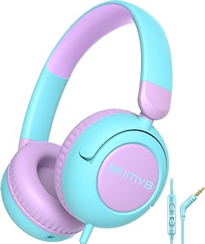 IMYB V8 Kids Headphones for School, Wired HD Mic 3-15 Year for Girls Boys | 85/94dB Volume Limit Safe Over-Ear Toddlers Durable Foldable Cord for iPad Tablet PC, Travel Airplane Blue