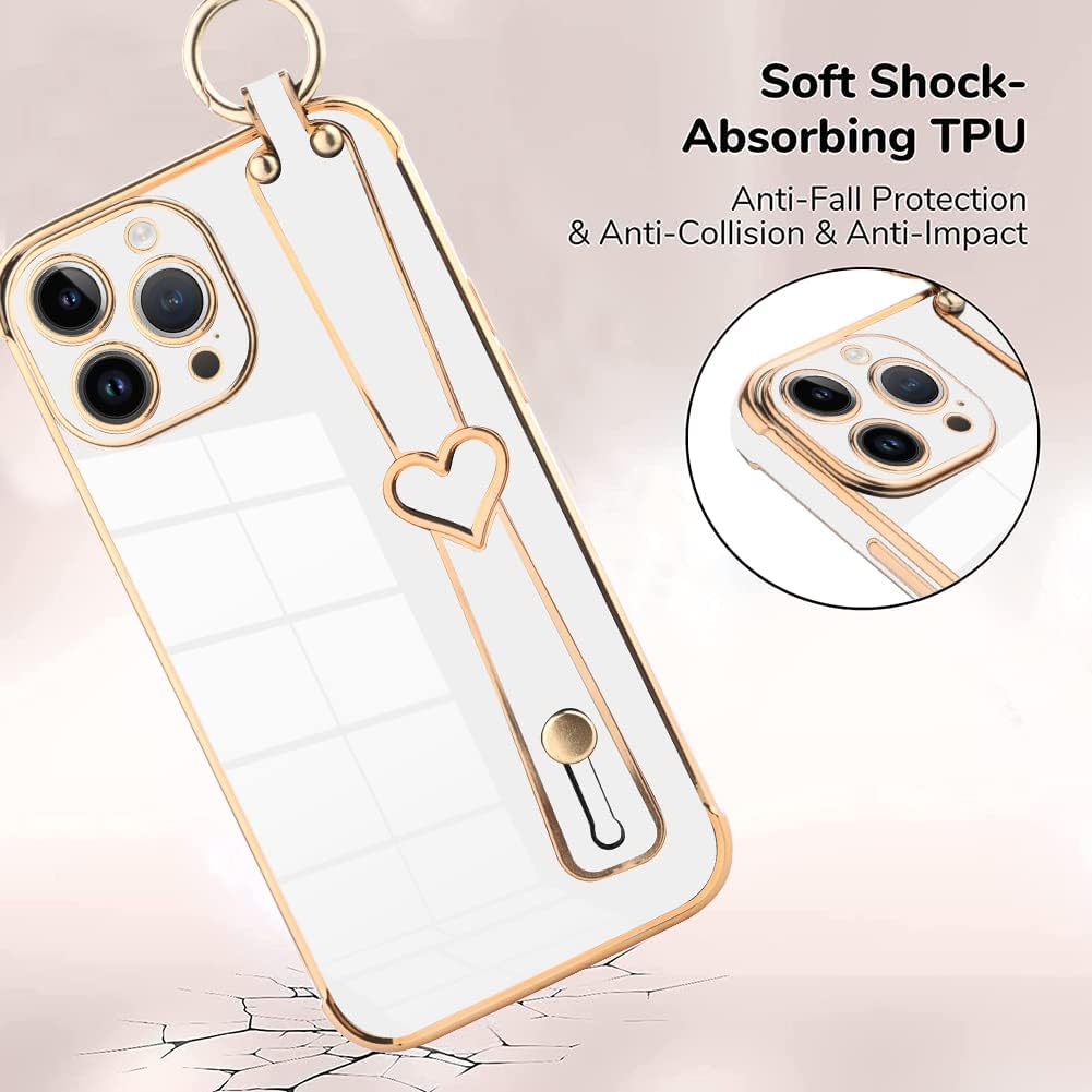Fiyart Designed for iPhone 12 Pro Max Case Love Heart Stand Strap Holder Soft TPU Plating Full Camera Lens Protection Phone Kickstand Cover Bumper for Women Girls for iPhone 12 Pro Max 6.7"-White