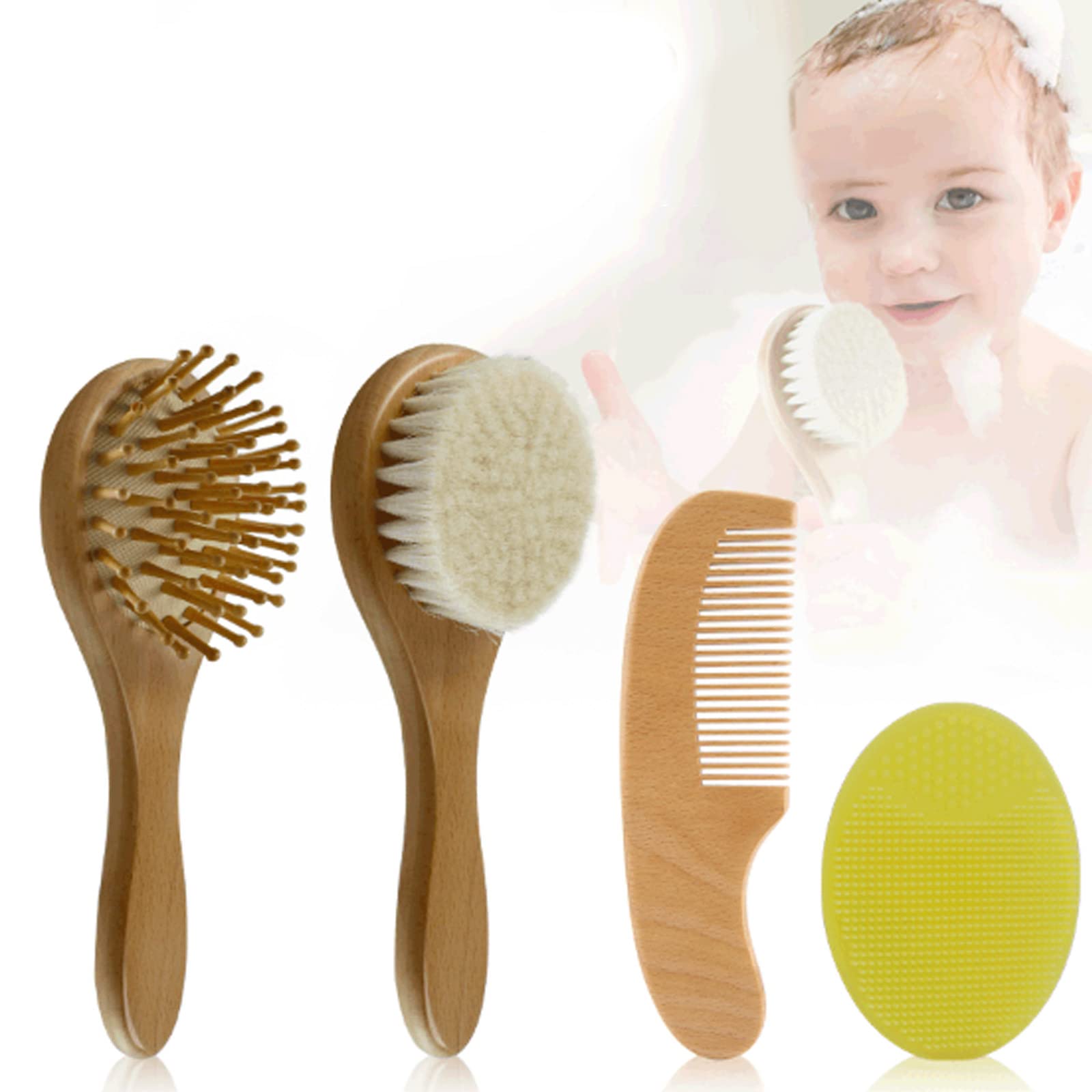 Baby Hair Brush & Comb Set Wooden-Handle Baby Hair Comb Natural Goat Bristle Cradle-Cap Silicone Hairbrush Newborn