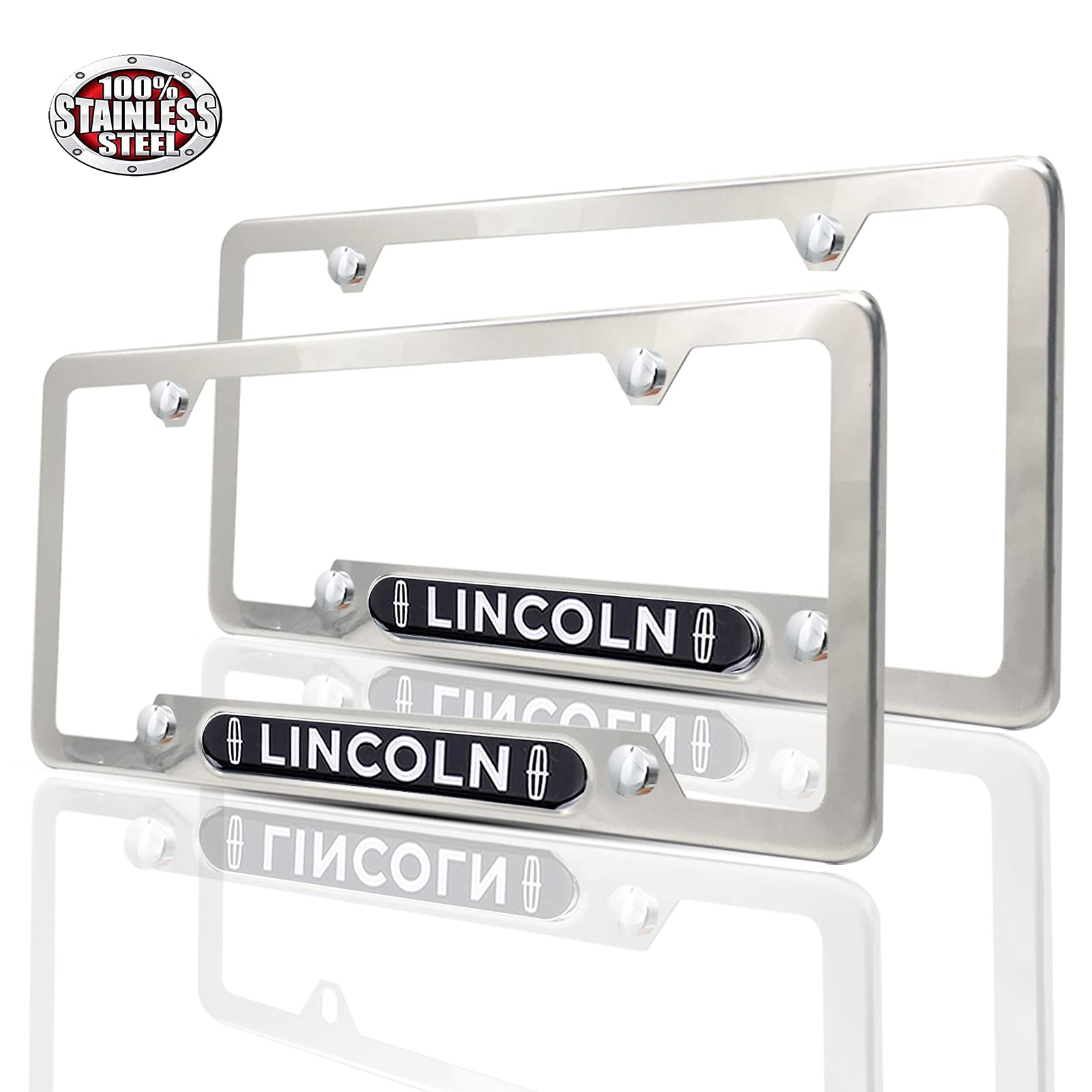 2Pcs for Lincoln Heavr Luxury License Plate Covers,Bright Silver Stainless Steel License Plate Frame Matching with Screw Set Fit for Continental,MKZ,MKC,MKX,Aviator,Navigator,Adventurer,Etc.(4 Hole)