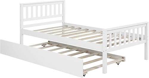 Miniatura 4 de Cama individual con nido base de cama de plataforma de madera con cabecera y estribo para dormitorio espacio de vida pequeño no necesita somier