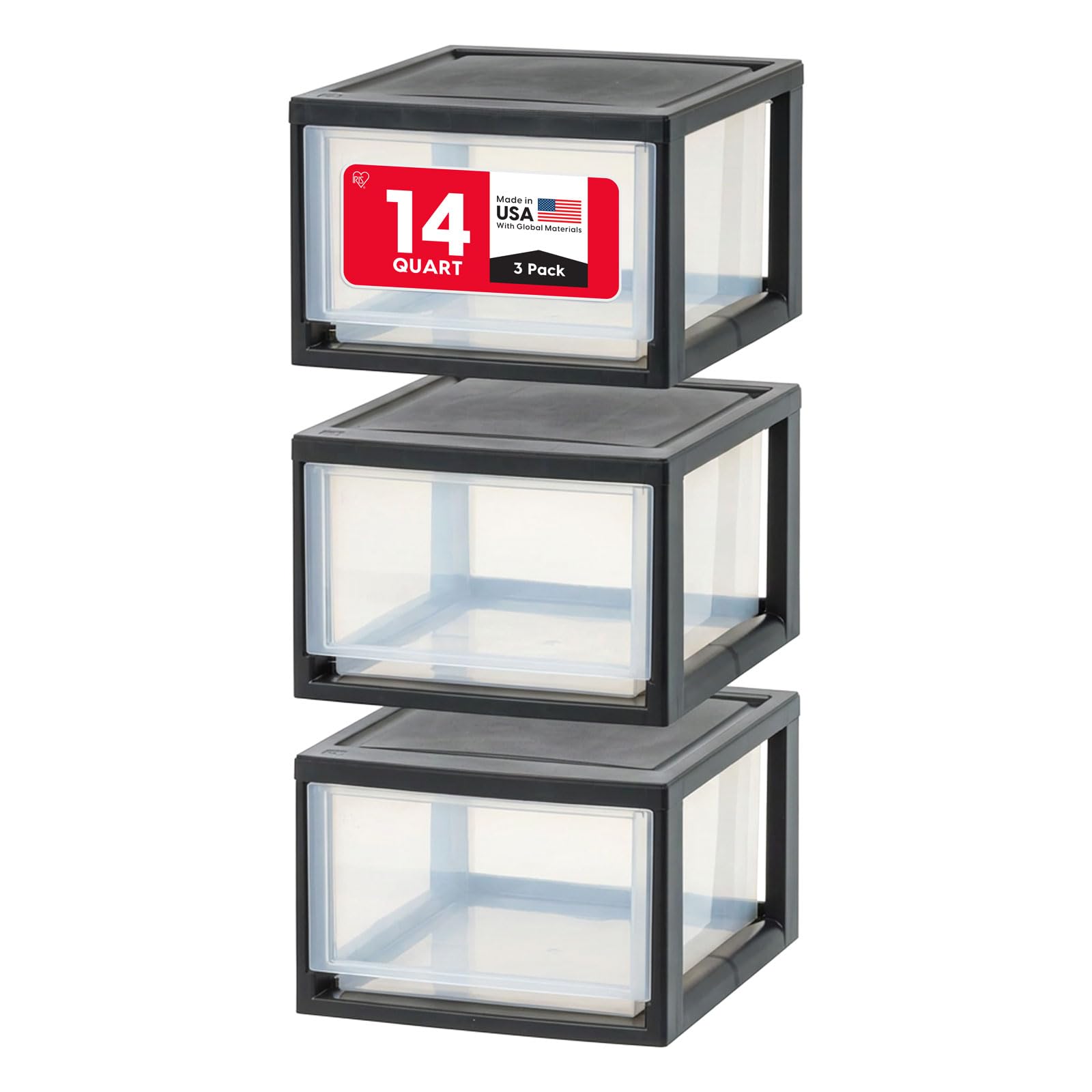 IRIS USA Plastic Storage Drawer Organizer, 14.5 Qt Stackable, 3 Pack, Black