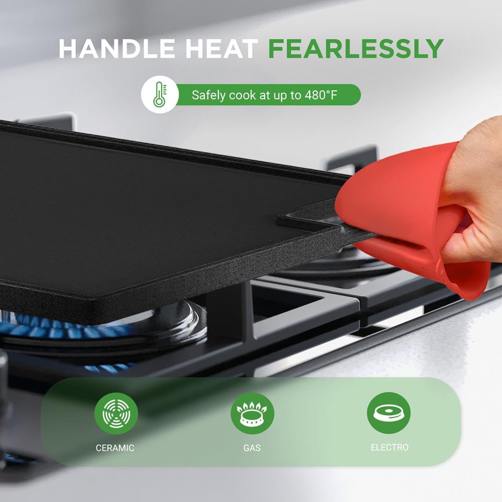 Nutrichef Piastra grill reversibile in ghisa, 46 x 25 cm, piastra piatta e scanalata per piano cottura, forno e barbecue, a induzione e gas, antimacchia e facile da pulire, include guanti da forno in
