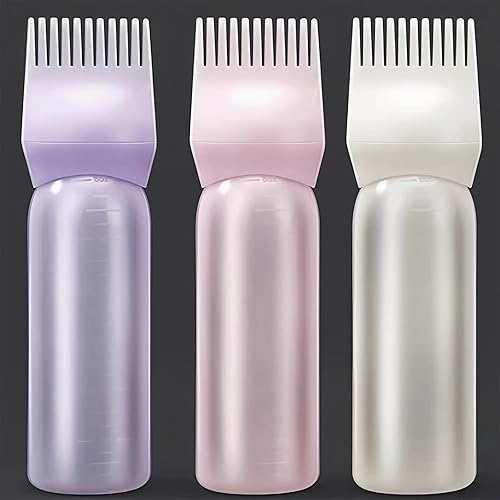 Botella aplicadora de peine de raíz, 6 onzas, paquete de 3 botellas aplicadoras para tinte para el cabello con escala graduada (rosa, blanco +