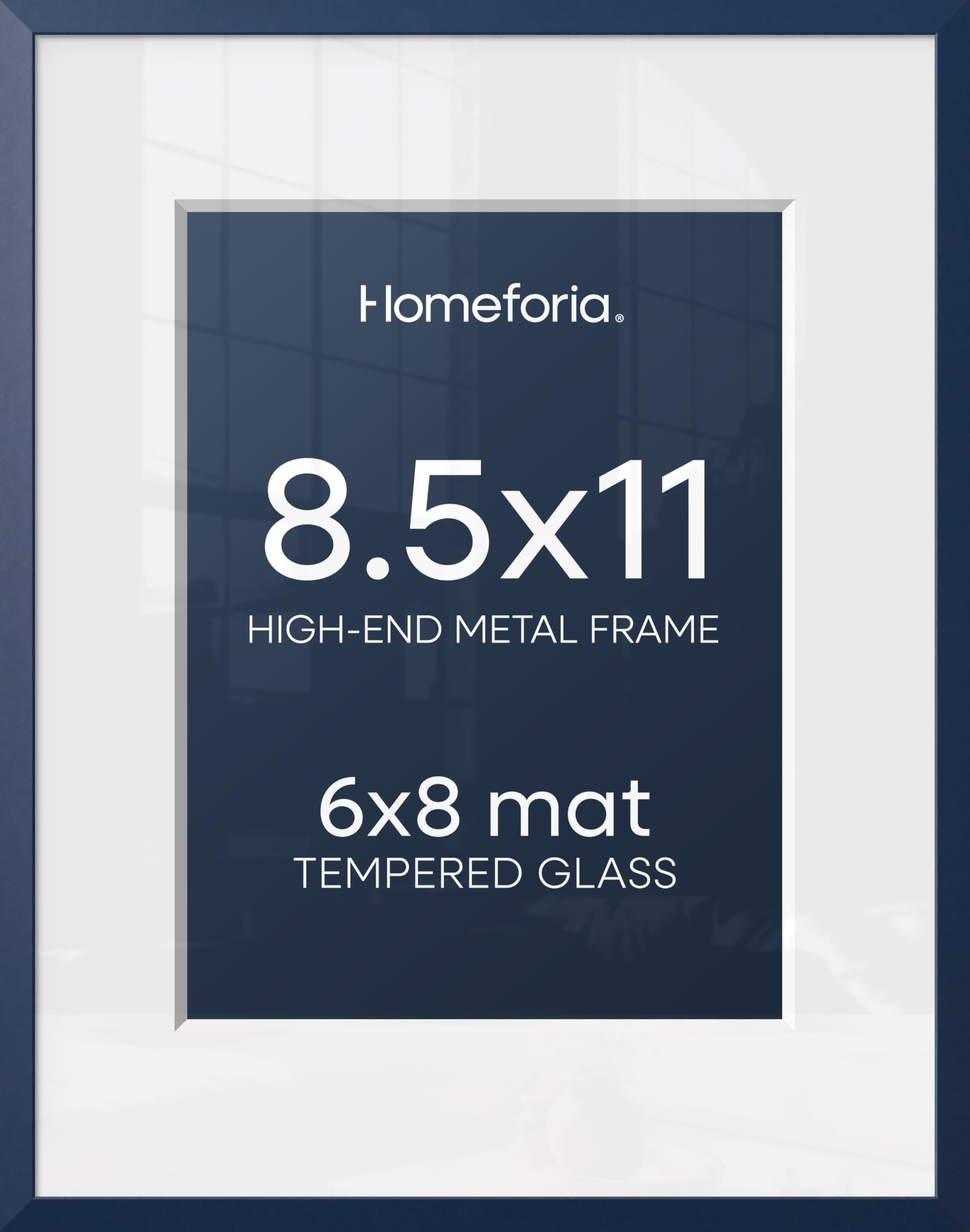Homeforia 8.5x11 Blue Picture Frame, High-End Metal, 6x8 Mat, Glass | High End Aluminum, Tempered Glass, Acid-Free 6x8 Removable Mat, 8.5x11 in Edge-to-Edge Display 11x8.5, Wall Kit, Set Of 1