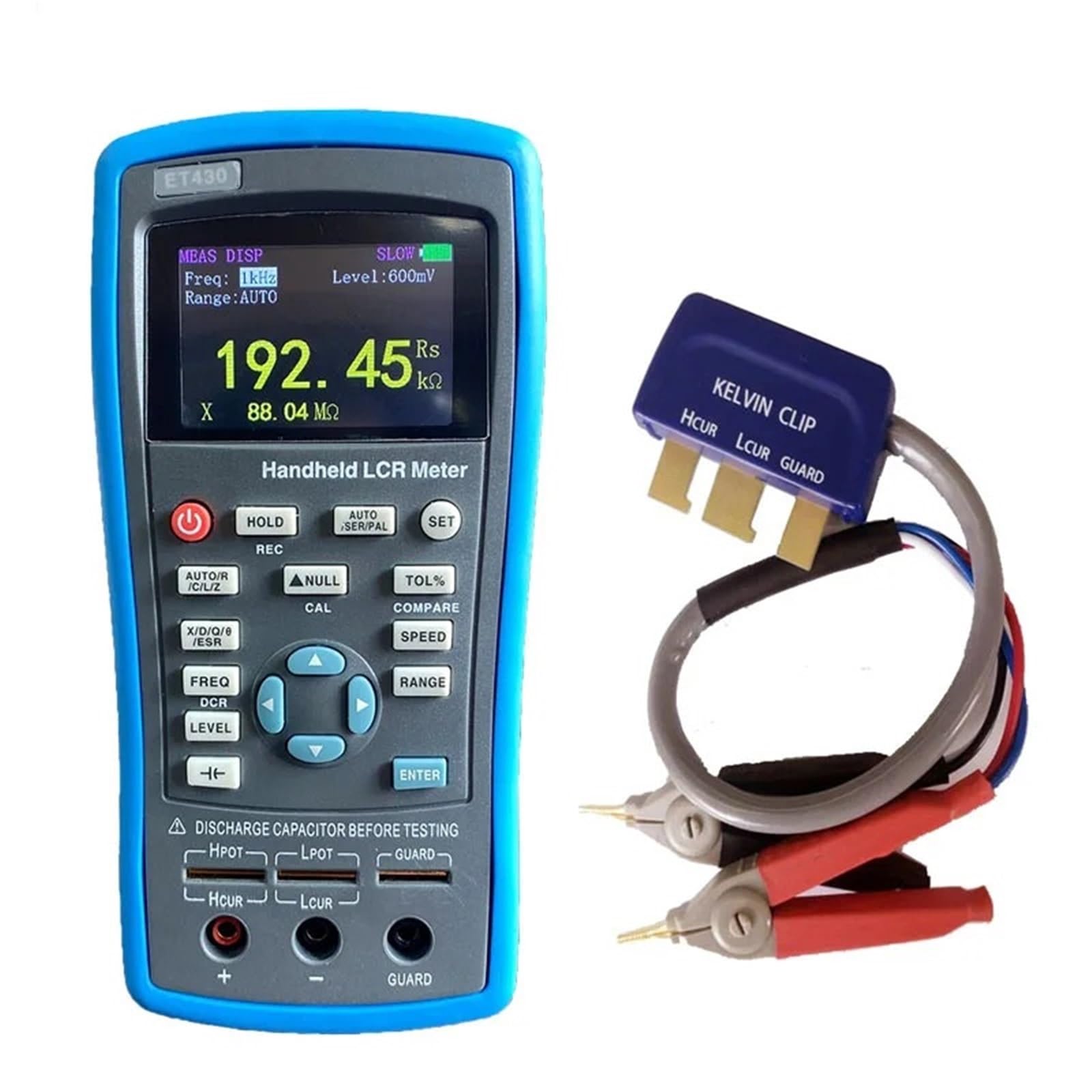 Medidores de Capacidad, Medidor de resistencia, inductancia y capacitancia digital portátil LCR multifunción ET430, modo DCR, alta precisión(With Kelvin clips)