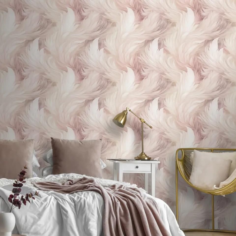SOPHIE LAURENCE Plumes Feather Blush Pink Wallpaper - Elegant White Feathers with Metallic Shimmer Washable Easy Paste The Paper 0.53m x 10.05m Roll Perfect for Any Room