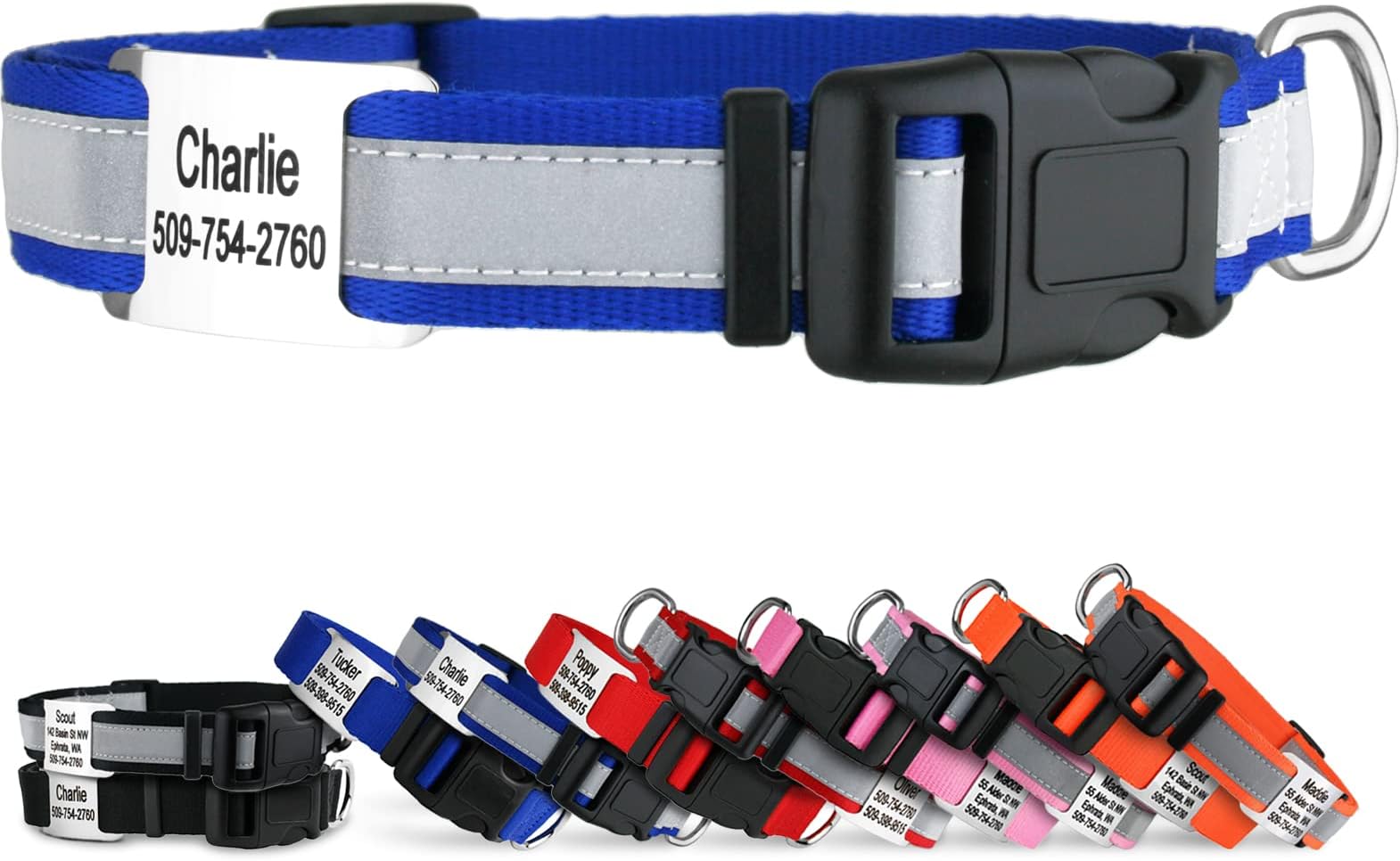 GoTags Reflective Personalized Dog Collar with Nameplate, Adjustable Dog Collar with Custom Engraved Steel Slide On Pet ID Tag, Silent, No Noise Dog Tag for Large Medium or Small (Blue, Large)