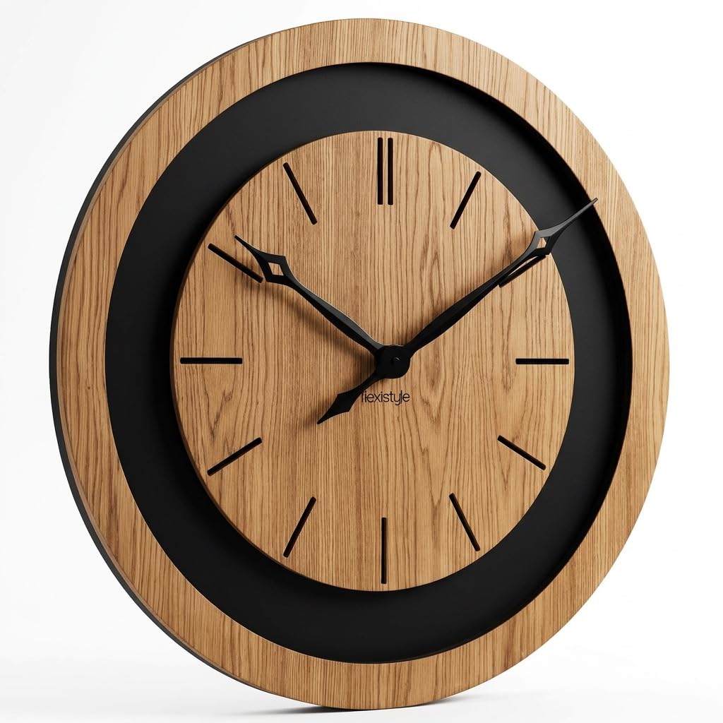 FLEXISTYLE Wanduhr groß XXL 75 cm aus Eiche – Große Designer-Wanduhr aus Naturholz & schwarzem MDF – Lautloses Uhrwerk ohne Ticken – Modernes Wohnaccessoire für Wohnzimmer, Loft & Büro