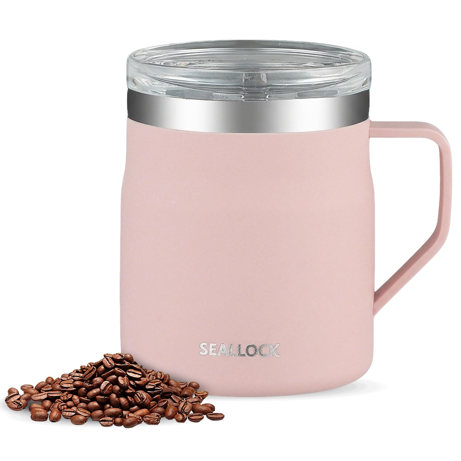 Senshuomy Vacuum Insulated Travel Mug, 450ml, Stainless Steel, Double Walled, Leak-Proof Sliding Lid, Modern Style, Cylindrical (Pink)
