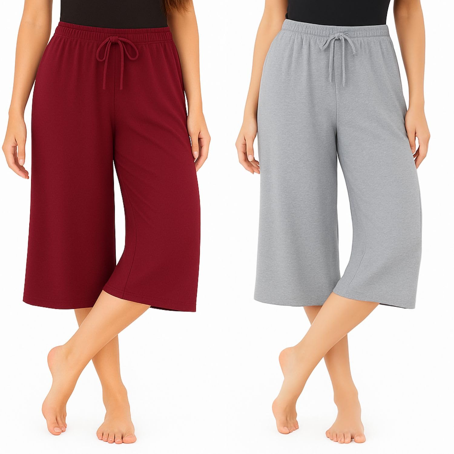 Women's Mid Waised Capri Pants Casual Wide Leg Yoga Pants Loose Regular Fit for Womens Grey, Marrone (Pack of 2)-picture-32
