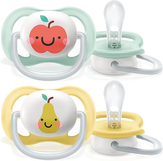 Philips Avent SCF080/17, Paquete de 2 Chupetes Ultra Air, 0-6 meses, Pezón Blando - Patrónes de Pera y Manzana