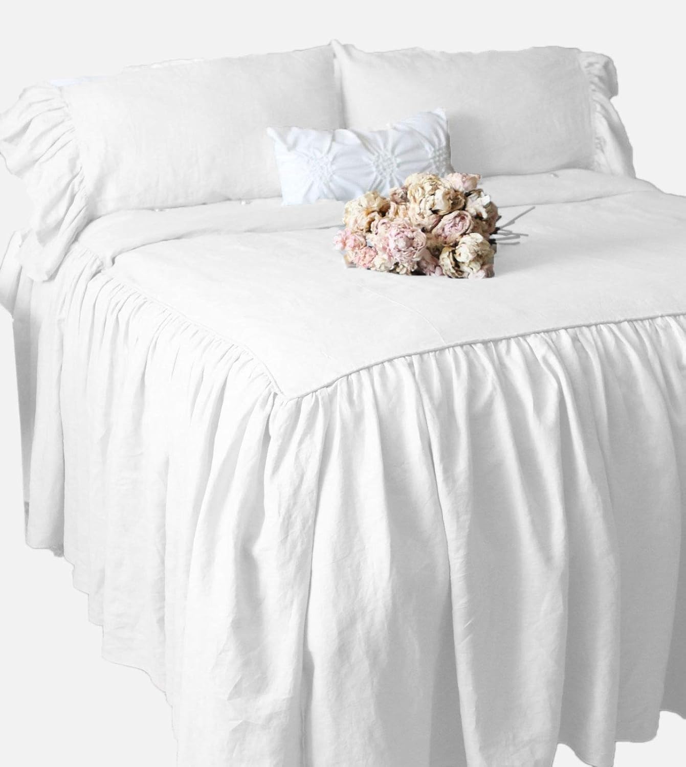 Elegant Ruffle Bedspread Cover 30" Drop with Pillowsham 3 Pcs 800 TC Egyptian Cotton-California Queen (60"X84") -White