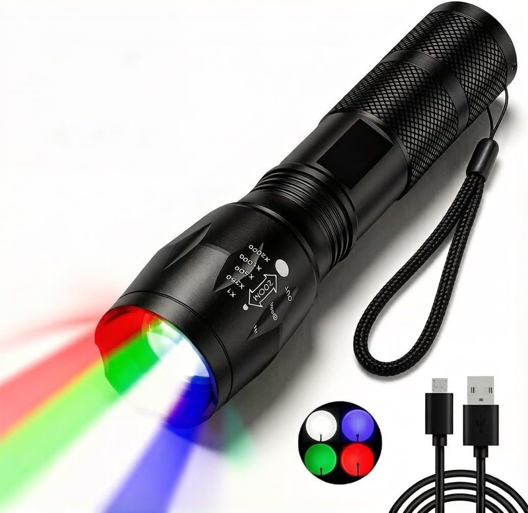 POCKETMAN Zoomable LED Torch 4 Colours in One (Red, White, Green, Blue), Extremely Bright Rechargeable Hand Lamp, 4 Modes, Multifunctional for Outdoor, Astronomy, Night Vision, Hiking