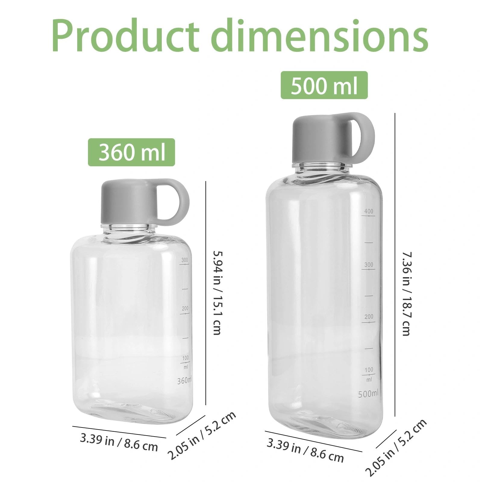 APOMOONS Płaska butelka na napoje do torby i plecaka, 360 ml + 500 ml, płaska butelka na wodę z tritanu, zabezpieczona przed wyciekiem, mała, ze skalą i uchwytem, szara