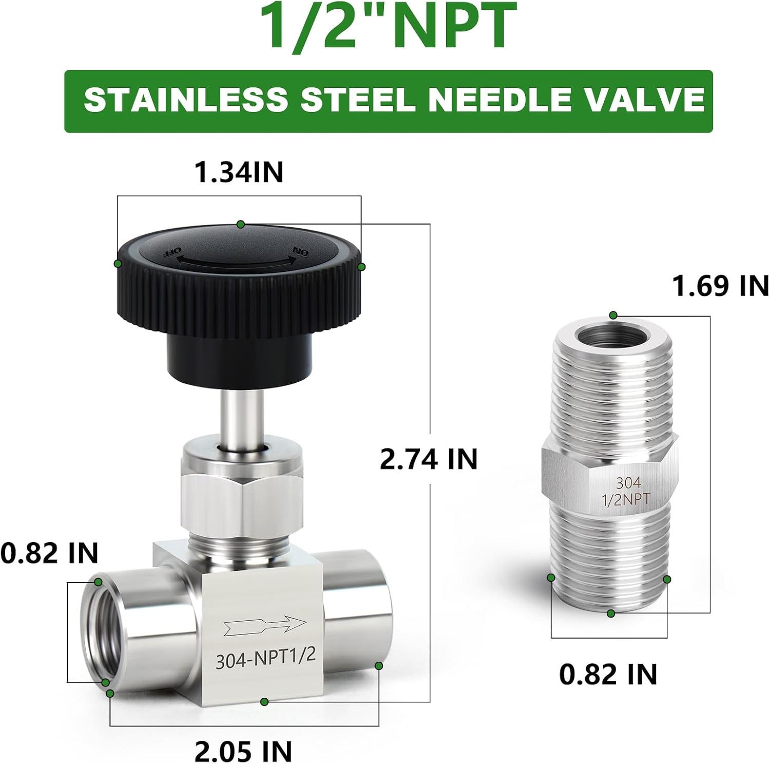 TAISHER 1PCS 304 Stainless Steel Straight Needle Valve 1/2" Female NPT For Flow Control Water Gas Oil With Nipple