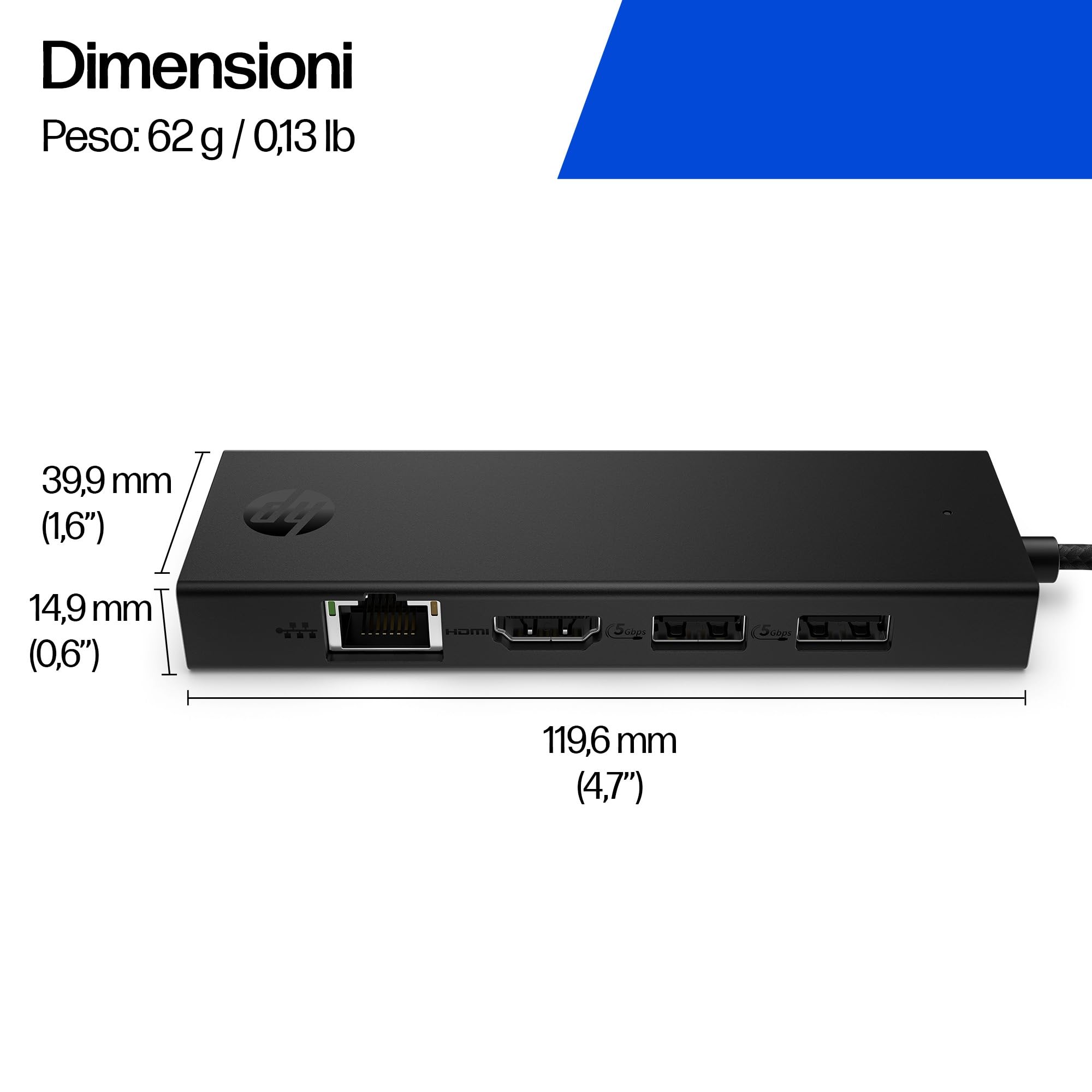 HP USB-C Hub Portatile, 4K HDMI, 5 Porte, HDMI 2.0, Ethernet, PD 65W, Nero | Più connessioni ovunque per professionisti e studenti: collega monitor 4K, rete cablata e accessori con un solo hub USB-C